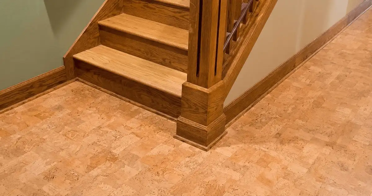 End of a staircase with cork flooring in Rochester, NY