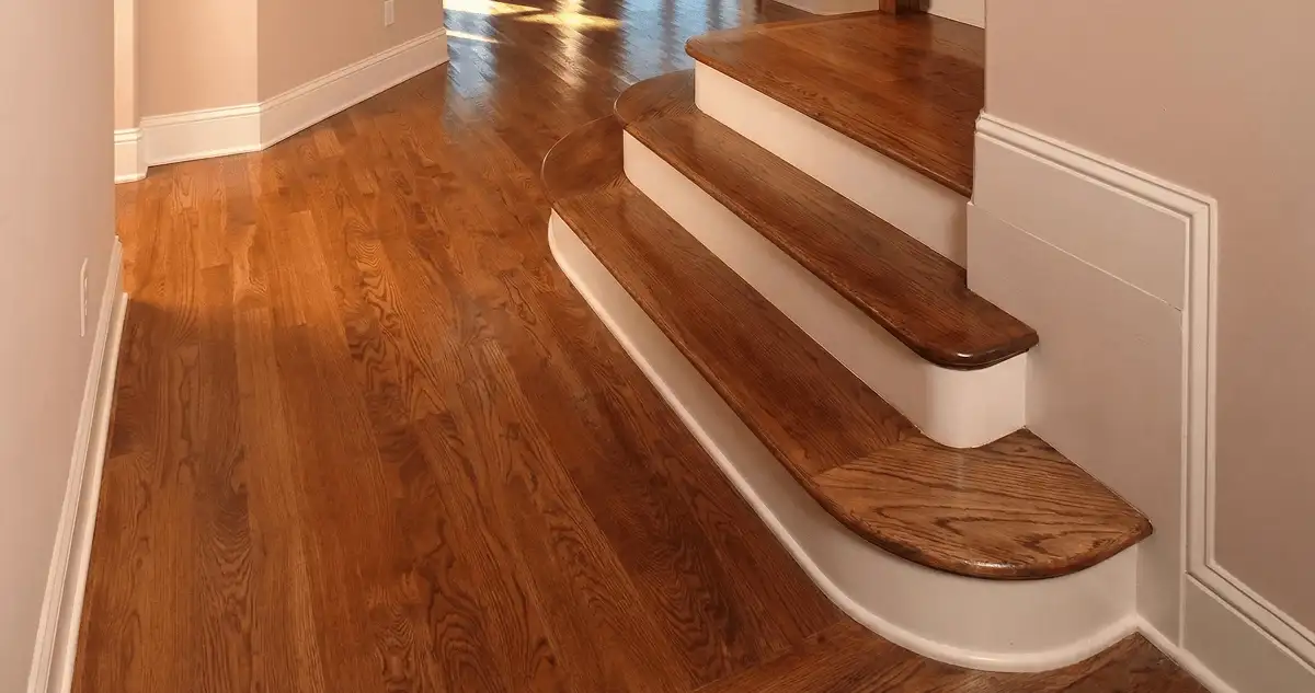 Base floor of a staircase with professionally restored wood flooring in Rochester NY
