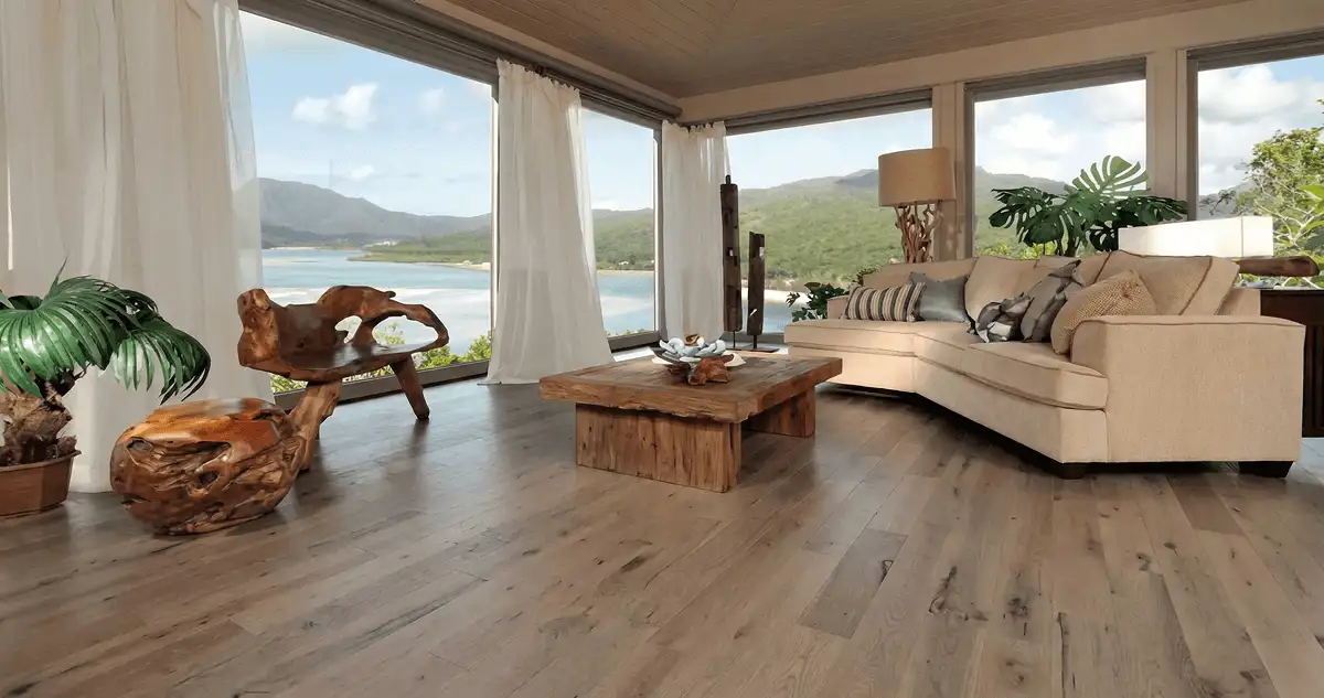 Professionally installed vinyl flooring in a modern living room with large windows in Rochester, NY